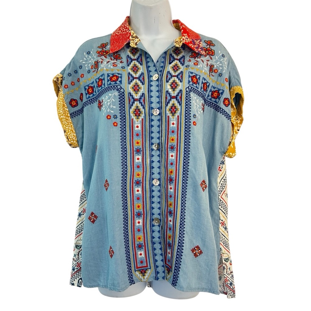 John Mark Boho Embroidered Button-Down Top Size M… - image 1
